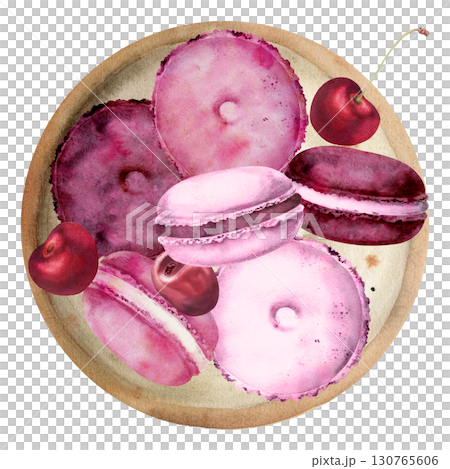 Sweet sandwich buns, macarons, whoopie pies and ripe cherries on ceramic clay plate, hand painted in watercolor. Isolated hand drawn illustration. Culinary posters, wedding favors, newsletter graphics 130765606