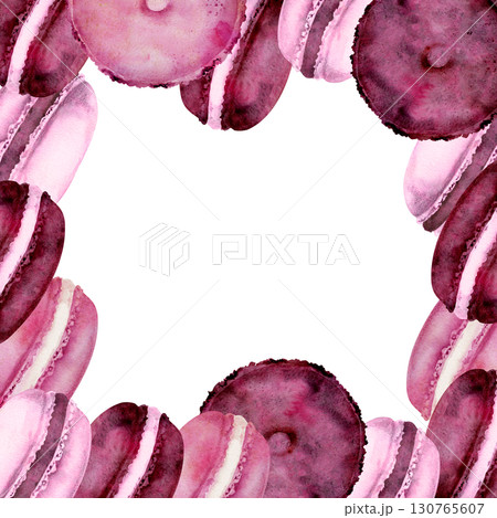 French macarons stacked in row, cream filled whoopie pies, puffy donut buns. Isolated illustration hand drawn in watercolor. Sweet food label borders, dessert frame corners, bakery tag decorations. 130765607