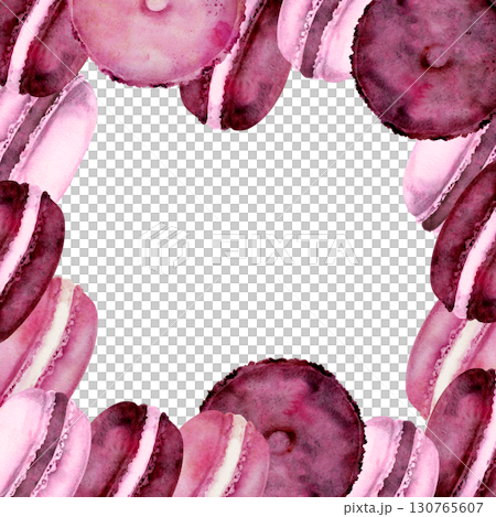 French macarons stacked in row, cream filled whoopie pies, puffy donut buns. Isolated illustration hand drawn in watercolor. Sweet food label borders, dessert frame corners, bakery tag decorations. 130765607