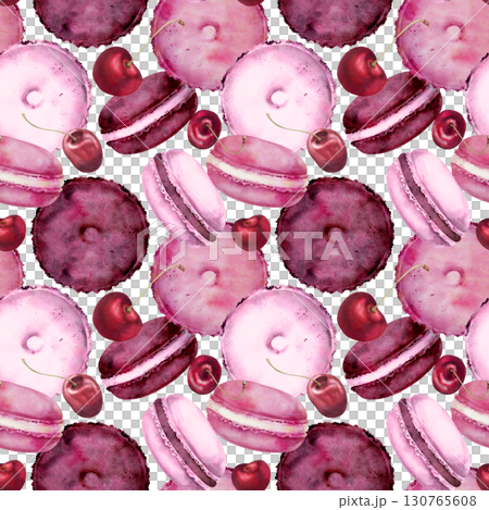 Cherry berry macarons, whoopie pie donuts, assorted sandwich cakes hand drawn in watercolor. Isolated dessert image for seamless food patterns, kitchen fabric, digital scrapbooking, product packaging. Cherry berry macarons, whoopie pie donuts, assorted sandwich cakes hand drawn in watercolor. Isolated dessert image for seamless food patterns, kitchen fabric, digital scrapbooking, product packaging. 130765608