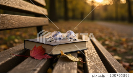 秋の公園のベンチに置かれた本 130765895
