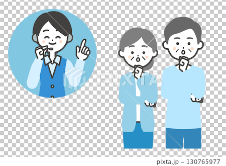 納得顔の年配の男女と笑顔のオペレーター女性 納得顔の年配の男女と笑顔のオペレーター女性 130765977