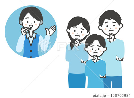 悩む三人家族とオペレーター女性のイラスト 悩む三人家族とオペレーター女性のイラスト 130765984