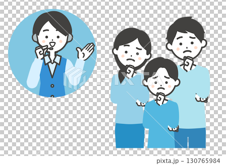 悩む三人家族とオペレーター女性のイラスト 悩む三人家族とオペレーター女性のイラスト 130765984