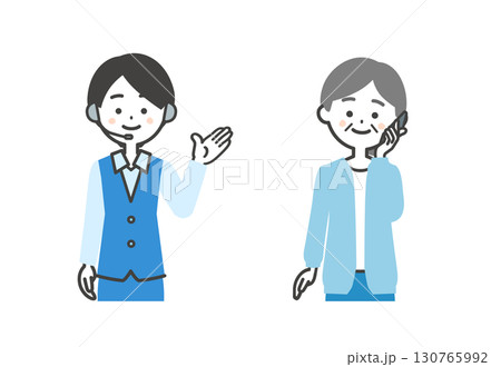 電話をかける年配女性と笑顔のオペレーター女性イラスト 130765992