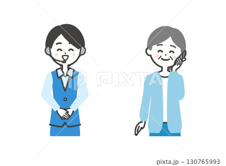 電話をかける笑顔の年配女性と笑顔のオペレーター女性イラスト 電話をかける笑顔の年配女性と笑顔のオペレーター女性イラスト 130765993