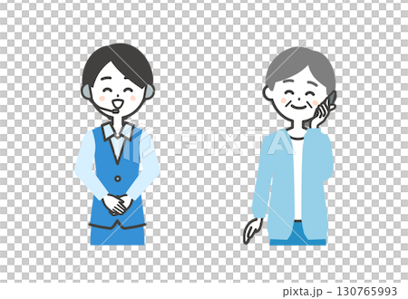 電話をかける笑顔の年配女性と笑顔のオペレーター女性イラスト 電話をかける笑顔の年配女性と笑顔のオペレーター女性イラスト 130765993