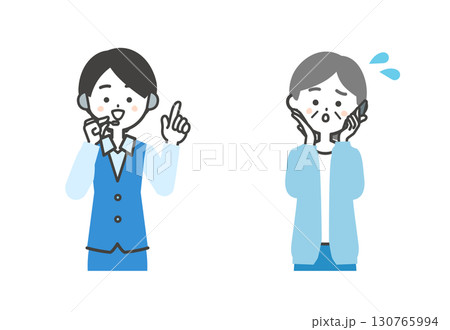 電話をかける困り顔の年配女性と笑顔のオペレーター女性イラスト 電話をかける困り顔の年配女性と笑顔のオペレーター女性イラスト 130765994
