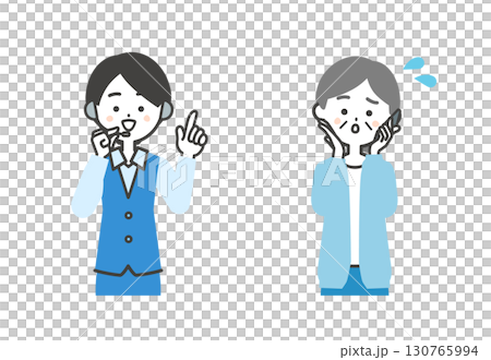 電話をかける困り顔の年配女性と笑顔のオペレーター女性イラスト 電話をかける困り顔の年配女性と笑顔のオペレーター女性イラスト 130765994
