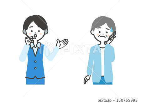 こまり顔で電話をかける年配女性とオペレーター女性イラスト こまり顔で電話をかける年配女性とオペレーター女性イラスト 130765995