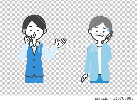 こまり顔で電話をかける年配女性とオペレーター女性イラスト こまり顔で電話をかける年配女性とオペレーター女性イラスト 130765995