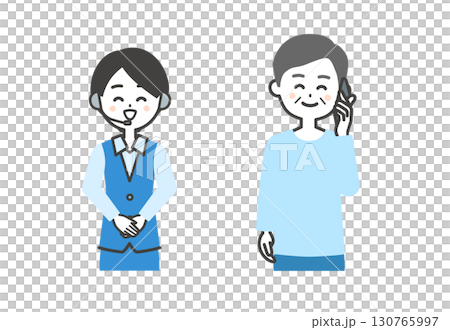 Illustration of a smiling elderly man making a phone call and a smiling female operator 130765997