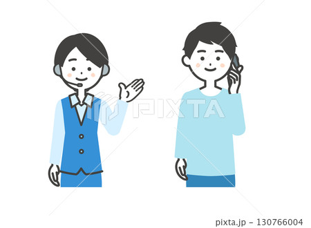 電話をかける笑顔の男性と笑顔のオペレーター女性イラスト 130766004