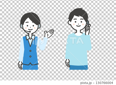 電話をかける笑顔の男性と笑顔のオペレーター女性イラスト 130766004