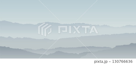 Mountain abstract graphic background. Minimal gray hills landscape vector illustration. Serene landscape of layered mountains in shades of grey blue fading into distance under clear sky 130766636