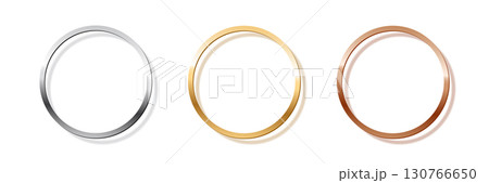 Gold, silver, bronze circle award frames 3d vector realistic illustration. First, second, third place medals isolated on white background. Winners trophy. Blank shiny badge, banner, label 130766650
