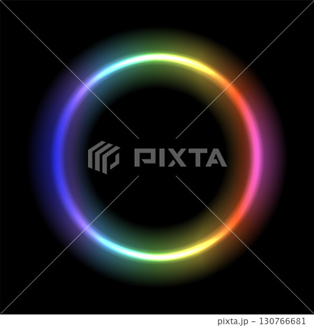 Neon light laser circle in white, yellow, red, pink, blue and green colors. Vector night realistic electric fluorescent led light bar isolated on black background. Neon light laser circle in white, yellow, red, pink, blue and green colors. Vector night realistic electric fluorescent led light bar isolated on black background. 130766681
