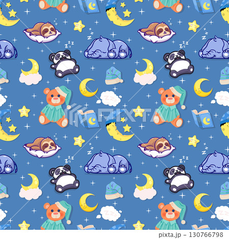 Cute seamless pattern with sleeping animals, moon and stars on blue background 130766798