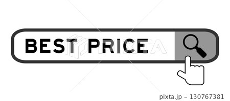 Search banner in word best price with hand over magnifier icon on white background Search banner in word best price with hand over magnifier icon on white background 130767381
