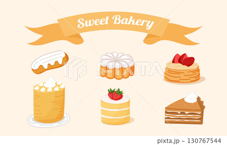 Sweet bakery desserts set with cake and pastries Sweet bakery desserts set with cake and pastries 130767544