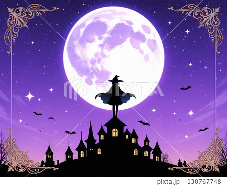 ハロウィン用フレーム背景｜夜空に浮かぶ魔女と満月のイラスト素材 130767748