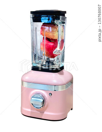 Pink blender filled with apples preparing healthy smoothie on transparent background 130768007