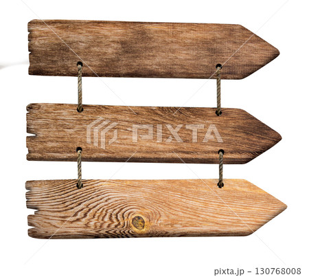 Three hanging wooden arrows pointing right on transparent background 130768008