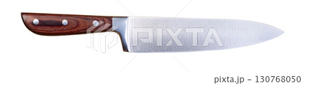 Large sharp kitchen knife with wooden handle on transparent background 130768050