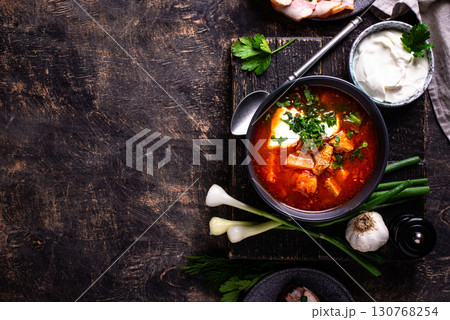 Traditional Ukrainian borsch with sour cream Traditional Ukrainian borsch with sour cream 130768254