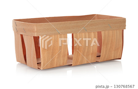 Empty fruit tray made of thin wooden plywood, isolated on transparent background, full focus. Minimal rustic container, natural eco packaging and storage solution 130768567