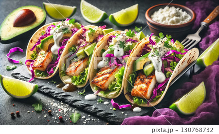 The images feature a close-up view of fish tacos filled with grilled fish, creamy avocado slices, and vibrant purple cabbage, topped with white crema and crumbled cheese. Lime wedges and a dark purple 130768732