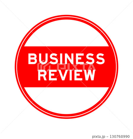 Red color round seal sticker in word business review on white background 130768990