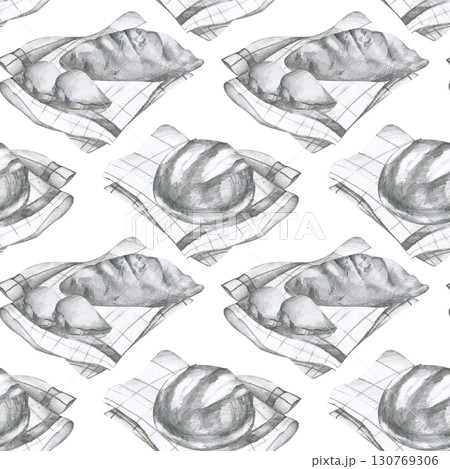 Fresh bread loaf on white checkered towel seamless pattern. Hand drawn pencil background with bakery product, food for breakfast clipart. Textile, fabric, wrapping paper template design Fresh bread loaf on white checkered towel seamless pattern. Hand drawn pencil background with bakery product, food for breakfast clipart. Textile, fabric, wrapping paper template design 130769306