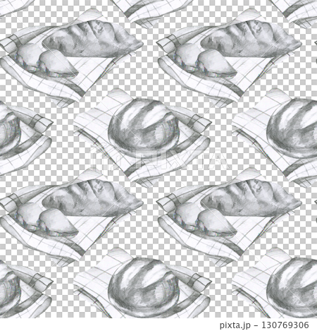 Fresh bread loaf on white checkered towel seamless pattern. Hand drawn pencil background with bakery product, food for breakfast clipart. Textile, fabric, wrapping paper template design 130769306