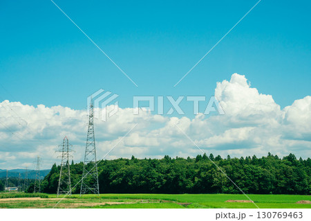 夏の青空と田んぼ　田舎の風景　入道雲 130769463