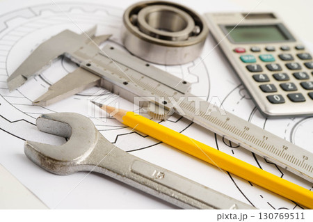 Engineering and precision tools with metal ball bering, mechanical industrial. 130769511