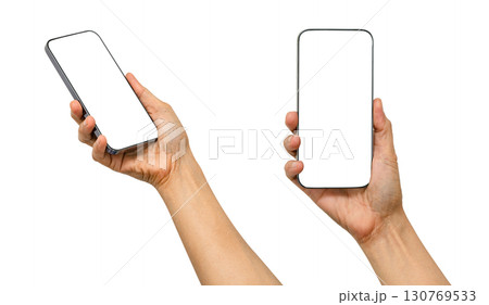 Asian woman holding mobile smartphone in hand for communication isolated on white background. 130769533