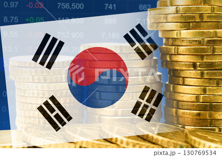 South Korea flag on stock investment trading with coin and graph. 130769534