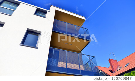 Modern elements in contemporary architecture. Architectural details of a modern apartment building. Modern elements in contemporary architecture. Architectural details of a modern apartment building. 130769847