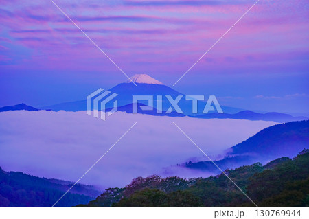 【神奈川県】芦ノ湖湖上の雲海と富士山　朝焼け 130769944