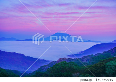 【神奈川県】芦ノ湖湖上の雲海と富士山　朝焼け 130769945