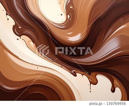 光沢のある液体質感で表現されたチョコレートとアイボリーの流動的デザイン 130769956