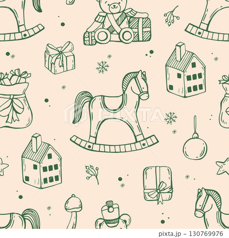 Vintage Christmas whimsical seamless pattern in green color. Line art hand drawn toys illustrations. 130769976