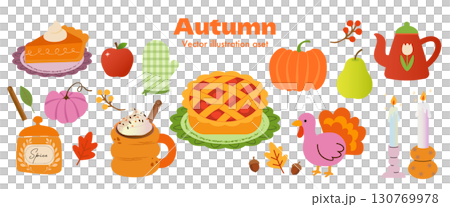 秋の季節イラスト素材セット（パンプキンパイ・七面鳥・果物・キャンドル） 130769978