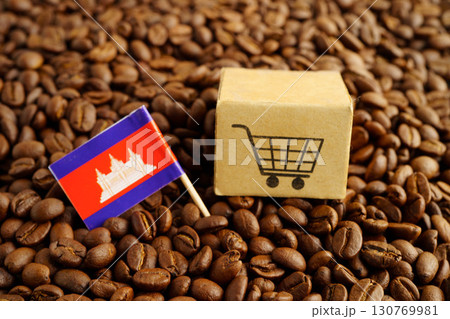 Cambodia flag with shopping cart box on coffee beans, shopping online for imxport xmport. 130769981
