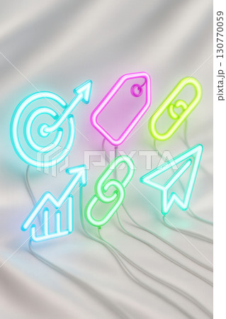 Neon Marketing Icons on White Silk 130770059