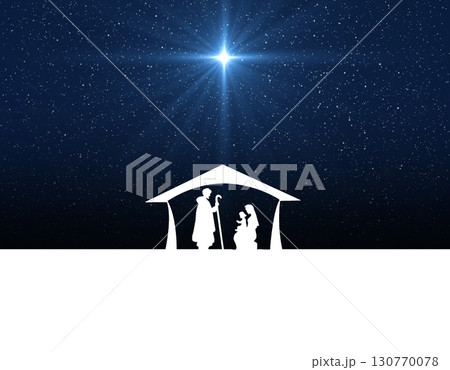 Star of Bethlehem, or the Christmas Star. Silhouettes of Jesus Christ's family in the manger Mary and Joseph 130770078