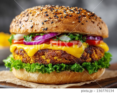 Delicious vegan burger with melted cheddar, lettuce, tomato, and red onion on sesame bun 130770134