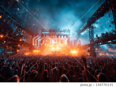 Crowd enjoying live music concert with stage lights and smoke at night 130770135