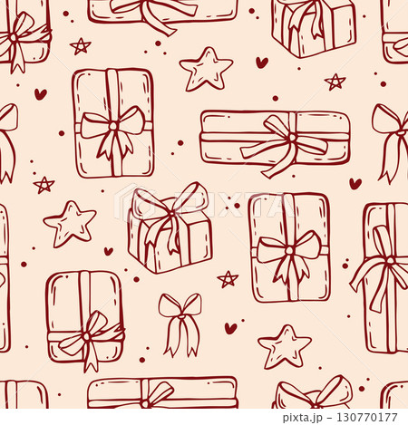 Vintage Christmas line art whimsical seamless pattern. Coquette wrapping paper design 130770177